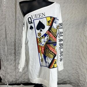 ChicMe White Queen Of Spades Print Off Shoulder Graphic Long Sleeve Dress Medium